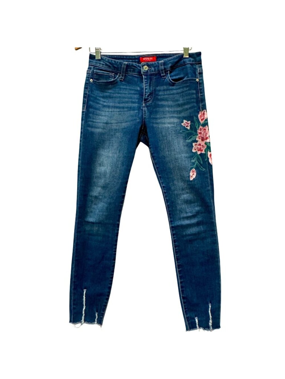 Guess Mid-Rise Skinny Jeans Size 28 Floral Stretch Denim Dark Blue Distressed He